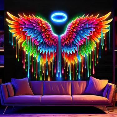 Imagem de BlissYard Tapeçaria de luz negra asas de anjo UV reativo colorido que brilha no escuro tapeçaria neon fluorescente borboleta arte pendurar na parede pôsteres luz preta decoração de festa 198 x 127 cm