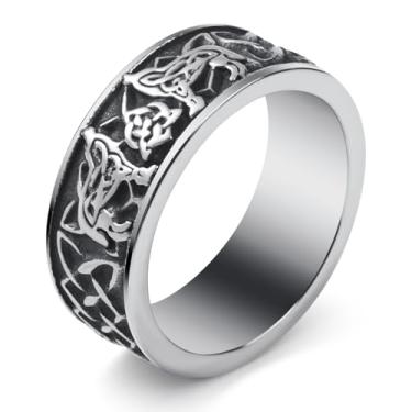 Imagem de SOBHART Anéis Viking de aço inoxidável viking nórdicos runas lobo corvo árvore da vida anel joia para homens mulheres tamanho 7/8/9/10/11/12/13, Sem pedra preciosa