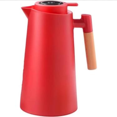 Imagem de Garrafa Térmica VERMELHA de Plástico com Cabo de madeira, Display digital, 1 litro, perfeita para café e chá e Termômetro digital