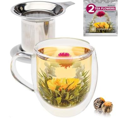 Imagem de Teabloom Caneca de vidro à prova de calor Stay-Hot com infusor de chá solto e tampa – 430 ml – 2 chás floridos incluídos