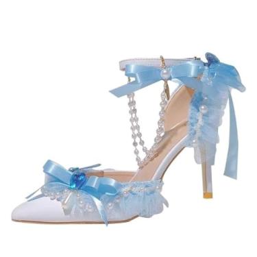 Imagem de STARSHINE RESPLENDENT Sapatos femininos de salto alto Lolita com laço de renda azul com franja de pérola, alça de pulso para formatura feminina salto agulha sandálias vazadas de salto médio para