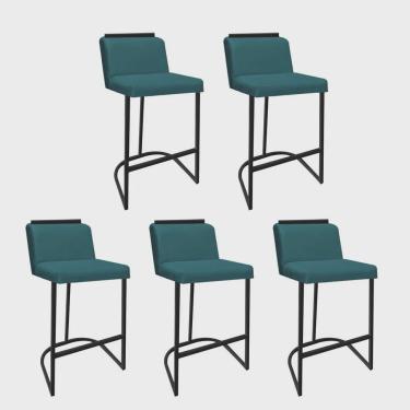 Imagem de Kit 05 Banquetas Com Encosto Ninna Bistrô Cozinha Aplique Ferro Preto Suede Azul Turquesa - Ahz Móveis