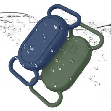 Imagem de Pacote com 2 suportes de coleira de cachorro para Samsung Galaxy SmartTag2, capa de silicone à prova d'água antiperda para Galaxy Smart Tag 2 para coleiras de cães de estimação (azul marinho + verde