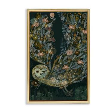Imagem de Stupell Industries Arte de parede em tela flutuante com moldura dourada de coruja de celeiro folk floral, design por Kay Widdowson, 53 x 78 cm