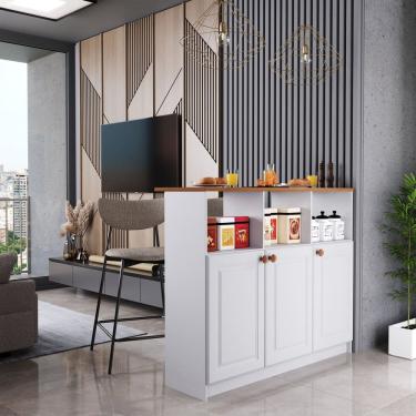 Imagem de Mesa Bancada Balcão Ilha para Cozinha com 3 Portas e Nichos Divisor de Ambiente Veneza  Branco