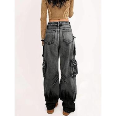 Imagem de Calça Jeans Feminina Lavada - Estilo Retrô com Vários Bolsos, Preto, B