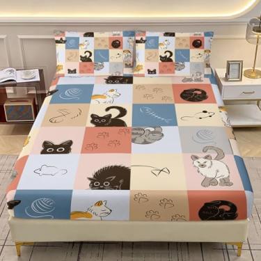 Imagem de AILONEN Jogo de lençol Queen fofo com estampa de gato kawaii, estampa de animais engraçados, 1 lençol com elástico e 2 fronhas, 3 peças