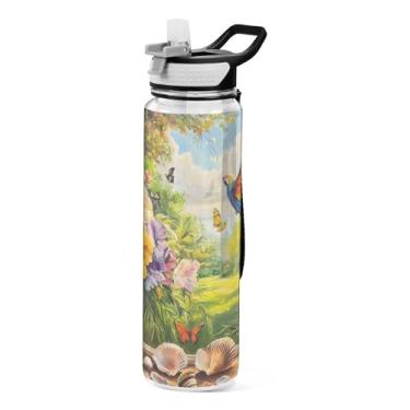 Imagem de Joisal Flores Papagaio Verde 946 ml Garrafas de água de plástico à prova de vazamento para esportes ao ar livre