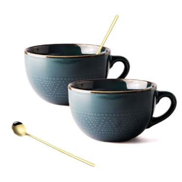 Imagem de hengshukeji Conjunto de 2 canecas de café de cerâmica grande de 700 ml com porta-copos e colher, xícara de sopa de grãos/caneca de café/tigela de salada para café, chá, sorvete, cereais (verde escuro