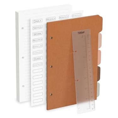 Imagem de Kit de acessórios de papel de linha perfurada com 3 furos de meia letra (50 folhas) com régua, divisórias e adesivos de aba – Inserções de refil forradas com mini fichário de 14 x 21 cm