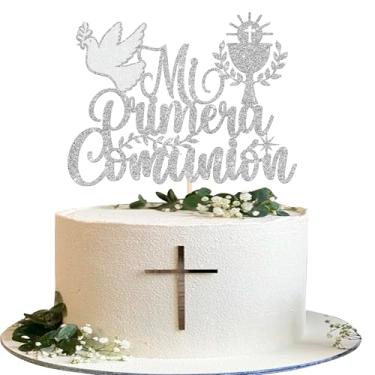 Imagem de Rsstarxi 1 Pack Spanish Mi Primera Comunión Cake Topper Silver Holy Grail Glitter Dove First Communion Cake Pick for God Bless Christian Baptism Baby Shower Bithday Party Cake Decorations