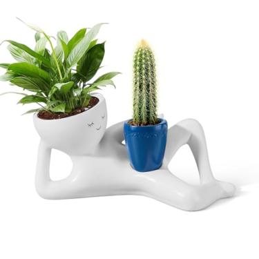 Imagem de Sederikun Vaso pequeno para homens preguiçosos para ambientes internos, lindos vasos de flores de resina para suculentas, cactos com drenagem, vaso de formato engraçado exclusivo para decoração de