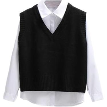 Imagem de Mulheres Camisola Colete Primavera Outono Curto Solto Suéter De Malha Sem Mangas Senhoras Com Decote Em V Pulôver Tops, Black, S
