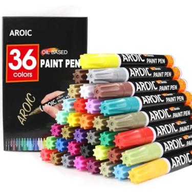 Imagem de AROIC Pacote com 36 canetas de tinta à base de óleo para pintura rupestre – Caneta marcador de pintura à prova d'água para madeira, metal, plástico, vidro, tela, cerâmica e mais marcadores de pintura