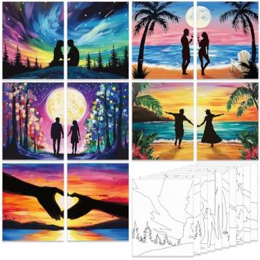 Imagem de Nuberlic 10 peças de tela pré-desenhada para pintar para adultos, romântico, aurora, praia, coração, casais, conjunto de pintura em tela para adultos para encontros noturnos, kit de pintura e sorvete