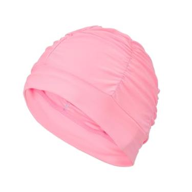 Imagem de YELARXI Touca de natação de tecido, chapéu de natação de poliéster, touca de natação elástica, adequada para mulheres e homens adultos cabelo longo (rosa)