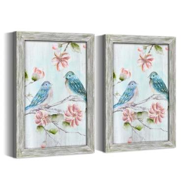 Imagem de Arte de parede emoldurada de pássaro azul rústico - pinturas florais e pássaros vintage impressões de painel de madeira para casa de fazenda estilo country arte sala de estar quarto decoração