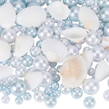 Imagem de SOFPLATE 140 peças de contas de enchimento de pérolas, contas de vaso, plástico temático de praia, brilhante, azul, branco, imitação de pérolas misturadas, verão, oceano, 100 g, conchas de centro de
