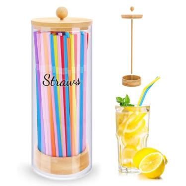 Imagem de JYPS Dispensador de canudo de acrílico de 25 cm com adesivos de tampa de bambu, com 100 canudos coloridos, organizador de bancada transparente para cozinha, escritório, armazenamento de armário