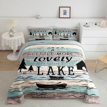 Imagem de jejeloiu Jogo de cama solteiro com listras de madeira rústica, à beira do lago, para meninos, meninas, adolescentes, barco, remo, cabana, árvore, edredom respirável, verde e azul, 1 edredom com 1