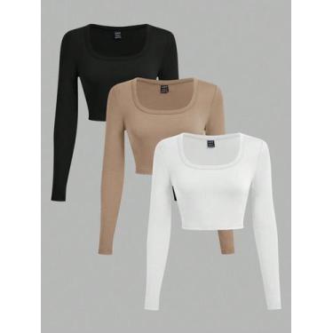 Imagem de 3 Peças/Conjunto Camisetas Cropped de Manga Longa com Gola em U Minima