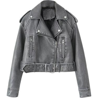 Imagem de Casaco Curto Casual De Couro Falso Dgyahm Wome's Vitage Fashio Casaco De Motocicleta Jaqueta Blazer Collar Zip Up, Grey, M