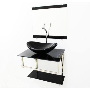 Imagem de Kit Gabinete 60Cm Cuba Oval  Mármore Preto + Torneira