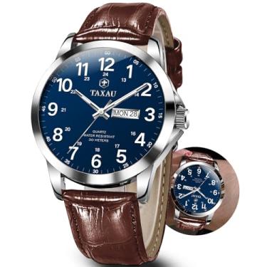 Imagem de Taxau Relógios masculinos com pulseira de couro, aço inoxidável, quartzo, analógico, fácil leitura, luxuoso, à prova d'água, relógio de pulso masculino com data diurna, numeral arábico, Marrom