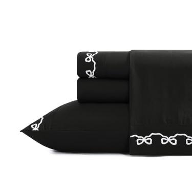 Imagem de ELLE Decor Emroidered Jogo de cama de microfibra de 3 peças, bolso profundo de 30,5 cm, solteiro, laço preto