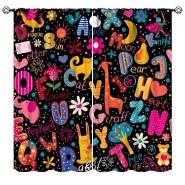 Imagem de Cortinas ABC do alfabeto, colorido criativo animal palavras divertidas cortinas de janela com bolso para varão, quarto de crianças, sala de jogos, sala de aula, 106,7 cm L x 114,3 cm C (sem apagão)