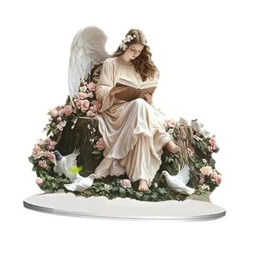 Imagem de UGPLM Decoração de anjo e fada em acrílico, placa plana 2D, peça central de mesa, display de mesa com base para decoração de armário, lareira e