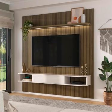 Imagem de Painel com suporte para TV até 75 polegadas com LED e nicho 1 porta BELLUNO cor Pinho Ripado/Off White - Artely