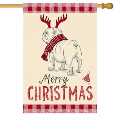 Imagem de BlissYard Merry Christmas, bandeira de jardim, buldogue, chifres de rena, bandeiras de 71 x 101 cm, dupla face, boas vindas, banners de quintal grandes para amantes de cães, varanda, casa, exterior