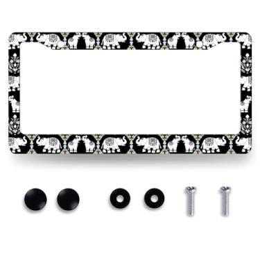Imagem de Moldura de placa de carro de elefante aço inoxidável tribal estilo étnico suportes de placa de carro animais engraçados universais peças automotivas decoração de carros com 2 furos e parafusos 31 cm x