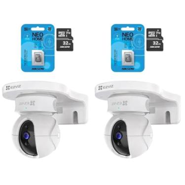 Imagem de Kit 2 Cameras de Seguranca Interna C6N 1080p FullHD Wi-Fi Pan-tilt 360 Branca + 2 Cartoes de Memoria Micro SD 32 GB Hs-tf-d1 + 2 Suportes de Parede para Camera