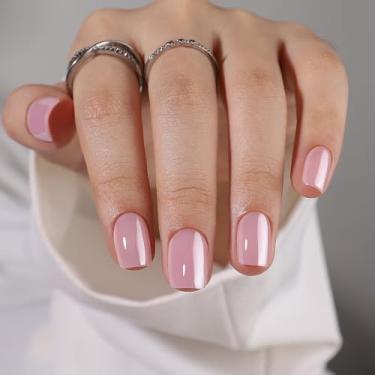 Imagem de RTKHFZE Unhas de pressão rosa curtas – unhas quadradas, unhas postiças de gel curto brilhante, ajuste perfeito, unhas quadradas reutilizáveis em 16 tamanhos – Kit de cola de gel macio com 32 unhas