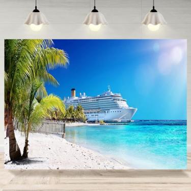 Imagem de Cenário de navio de cruzeiro de 2,1 x 1,5 m Ilha do Oceano Tropical Mar do Caribe Fundo Fotográfico Palmeiras Coqueiros Cruzeiro Festa Banner Decorações Havaiano Luau Verão Foto Studio Adereços