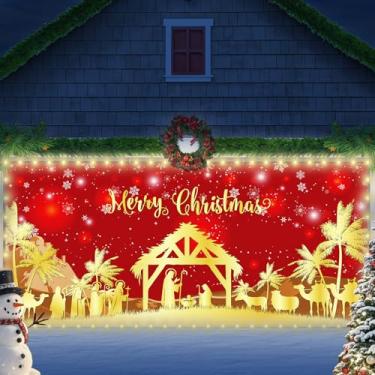 Imagem de Decoração de bandeira de porta de garagem de Natal vermelho Jesus Natal capa de porta de garagem com luzes LED grande presépio religioso pano de fundo banner para decoração interna e externa de Natal