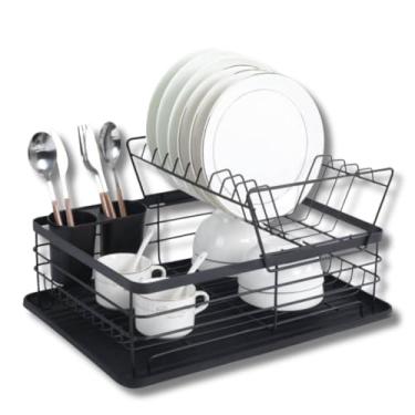Imagem de Escorredor de Louças 2 Andares em Metal, 39 x 29 x 22 cm, Preto Fosco, com Bandeja Coletora