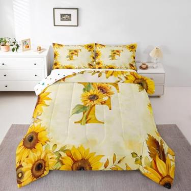 Imagem de jejeloiu Conjunto de edredom casal com estampa floral, amarelo, inicial F, para crianças, meninos, meninas, girassol, decoração de quarto, microfibra, 3 peças com 2 fronhas