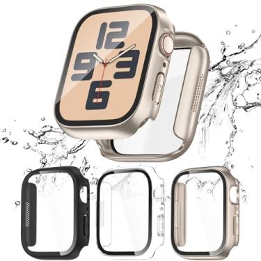 Imagem de Kedoushi Pacote com 3 capas à prova d'água para Apple Watch séries 9 8 7 45 mm com protetor de tela de vidro temperado, capa protetora de policarbonato rígido para iWatch 45 mm preta/luz das estrelas