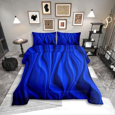 Imagem de Erosebridal Jogo de cama Queen com curva, abstrato, 3D, geométrico, listrado, geométrico, moderno, azul, preto, edredom quente e macio