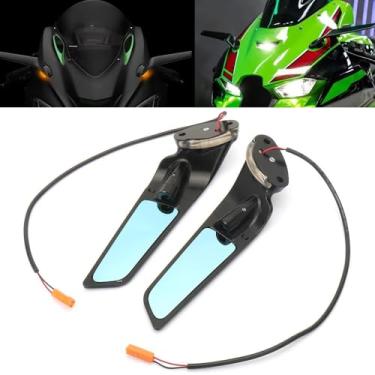 Imagem de Compatível com Kawasaki Ninja 1000 ZX-10R (2019-2025)/ ZX-10RR(2017-2025) espelhos laterais de motocicleta com luz de seta de LED, lentes azuis de alumínio e espelhos retrovisores