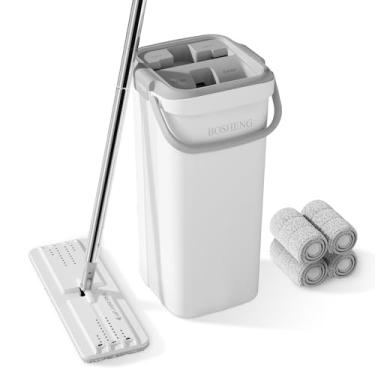 Imagem de BOSHENG esfregão e balde com conjunto espremedor, esfregão de piso plano e balde para casa, inclui 4 almofadas de microfibra reutilizáveis, ideais para limpeza de casa, chão e parede