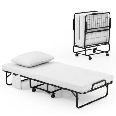 Imagem de KOMFOTT Cama dobrável tamanho berço com colchão e travesseiro de espuma viscoelástica, cama dobrável de 190,5 x 78,7 cm com capa contra poeira, estrutura de metal, rodas com trava e bolso de cabeceira