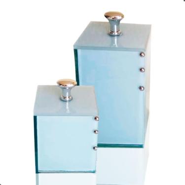 Imagem de Porta Algodão + Porta Cotonete Kit Banheiro Lavabo Luxo Vidro Acessórios Organizadores para Banheiro (Branco Prata)