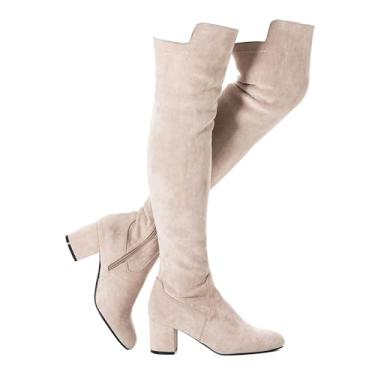 Imagem de N.N.G Botas femininas acima do joelho até a coxa camurça preta bloco baixo 5 cm salto grosso acima do joelho inverno bico fino, CremeSalto de 2 1/2 Ihch, 38