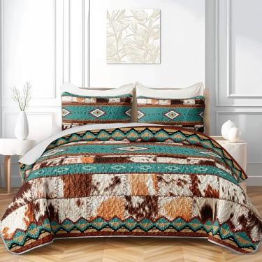 Imagem de AILONEN Conjunto de colcha étnica de couro bovino, tamanho Queen, estampa de pele de vaca geométrica asteca, 3 peças, colcha acolchoada de couro bovino tribal nativo americano com 2 fronhas