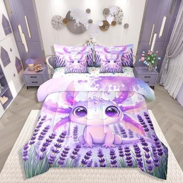 Imagem de Erosebridal Jogo de cama infantil Axolotl de 7 peças, tamanho casal, para meninas, adolescentes, lavanda, roxo, conjunto de edredom com lençol com lençol com estampa de animais costeiros