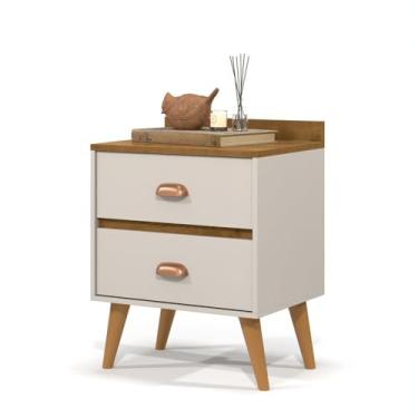 Imagem de Mesa de cabeceira vintage com palito de dente pés e 2 gavetas(MADERO - OFF WHITE/FREIJO)